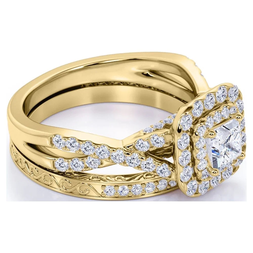 1.25 ct Square Moissanite Double Halo Wedding Ring Set in Yellow Gold over Silver E906319