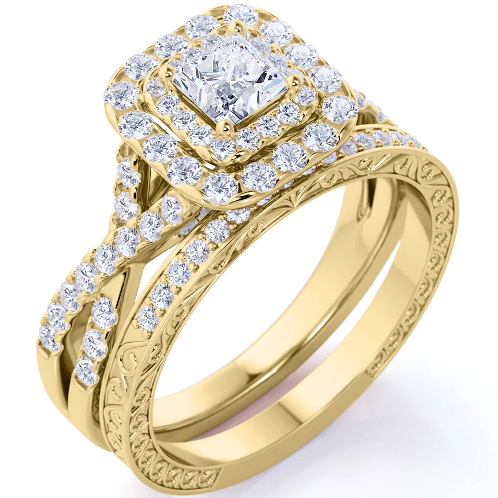 1.25 ct Square Moissanite Double Halo Wedding Ring Set in Yellow Gold over Silver E906319