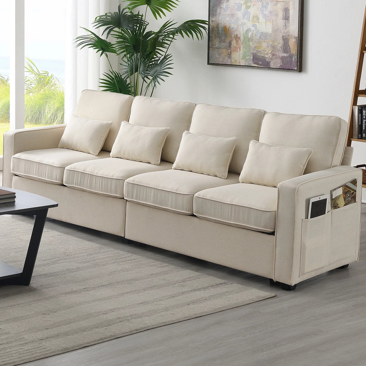 104" Beige 4-Seater Sofa with Armrest Pockets and Pillows R3833