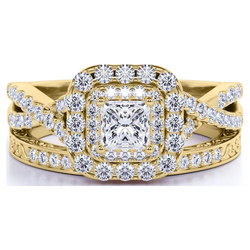 1.25 ct Square Moissanite Double Halo Wedding Ring Set in Yellow Gold over Silver E906319