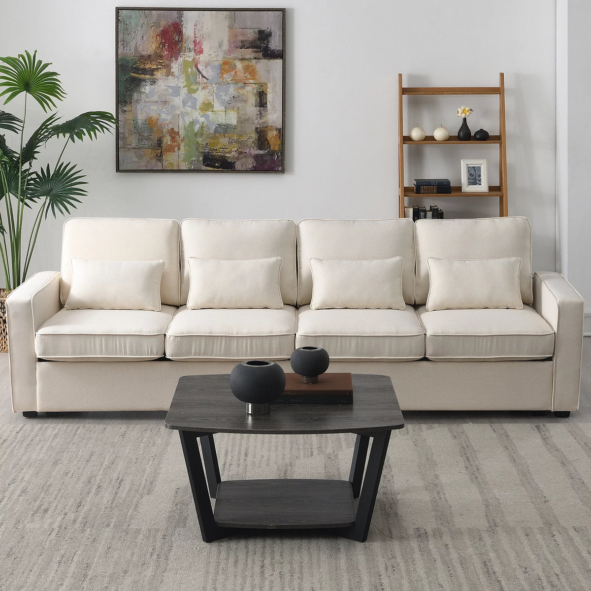 104" Beige 4-Seater Sofa with Armrest Pockets and Pillows R3833