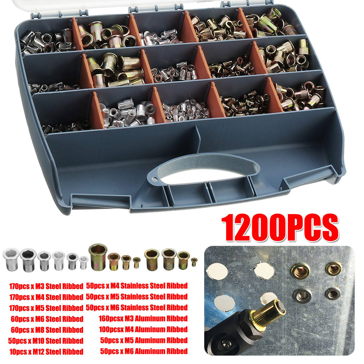 1200pcs M3 M4 M5 M6 M8 M10 M12 Stainless Steel Rivet Nut Tool Kit F1837