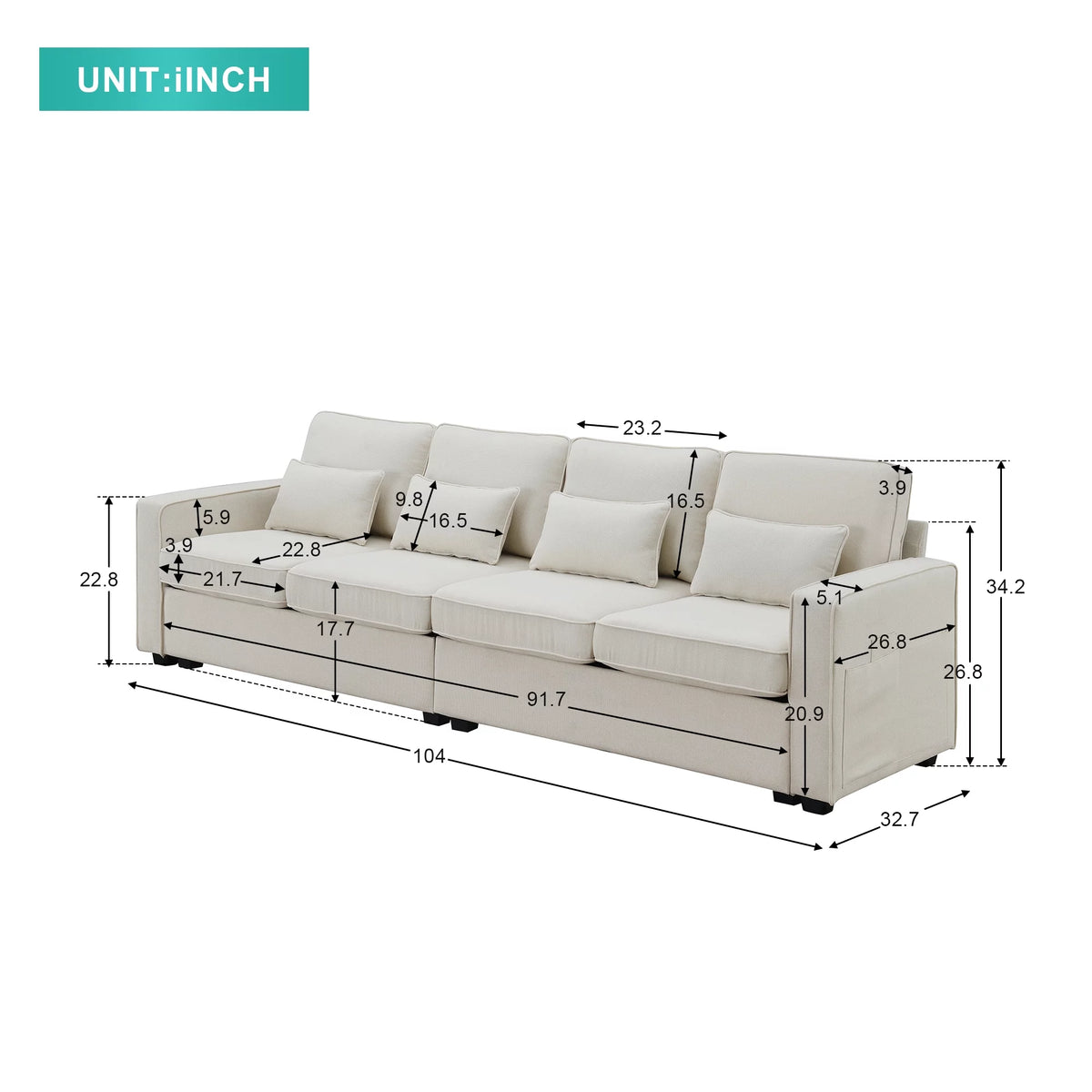 104" Beige 4-Seater Sofa with Armrest Pockets and Pillows R3833