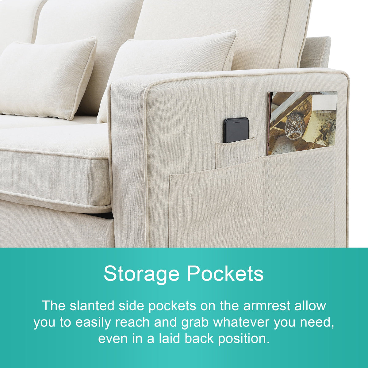 104" Beige 4-Seater Sofa with Armrest Pockets and Pillows R3833