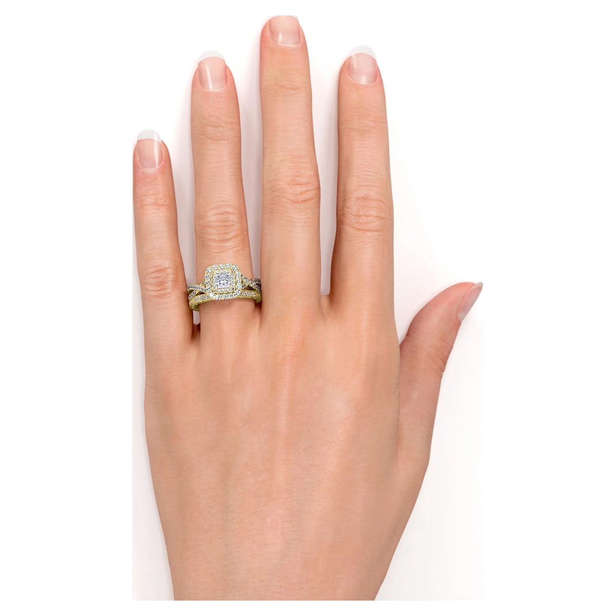 1.25 ct Square Moissanite Double Halo Wedding Ring Set in Yellow Gold over Silver E906319