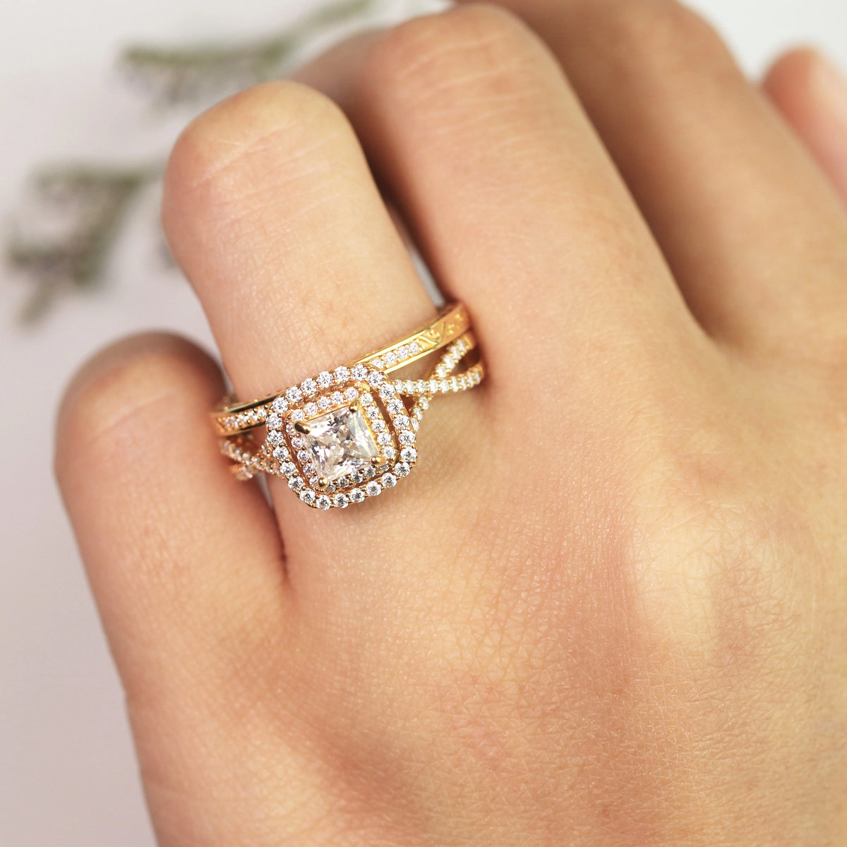1.25 ct Square Moissanite Double Halo Wedding Ring Set in Yellow Gold over Silver E906319