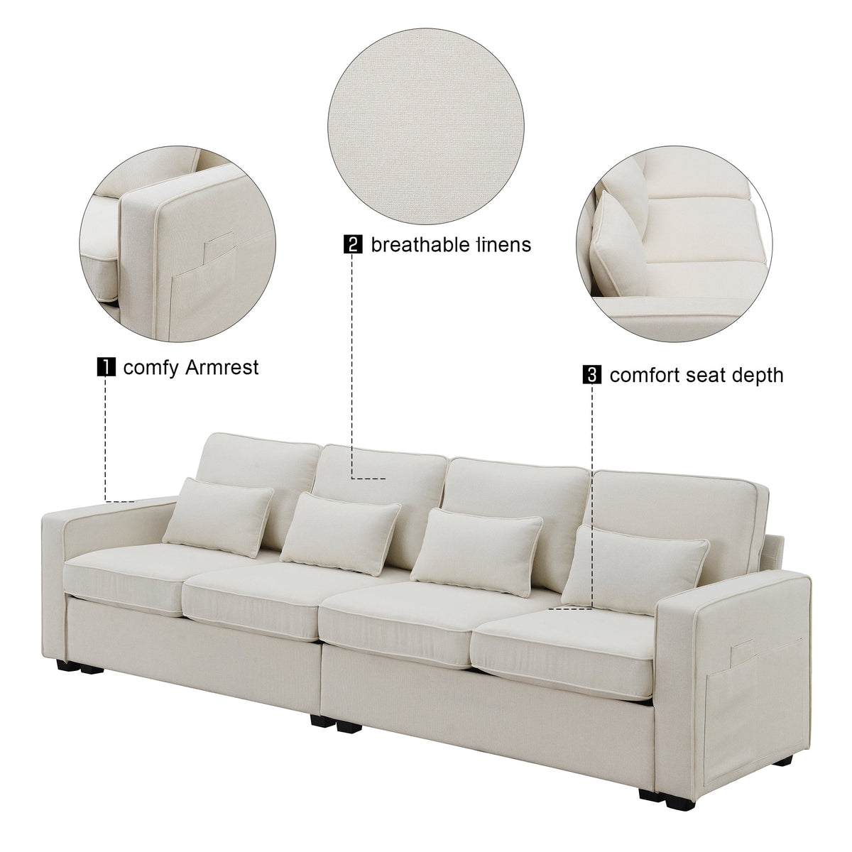 104" Beige 4-Seater Sofa with Armrest Pockets and Pillows R3833